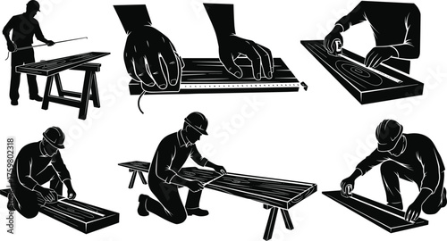  Woodworking precision, carpentry tools, measuring and marking, skilled craftsmanship, silhouette workers, construction safety, ruler, compass, square, helmet, plank