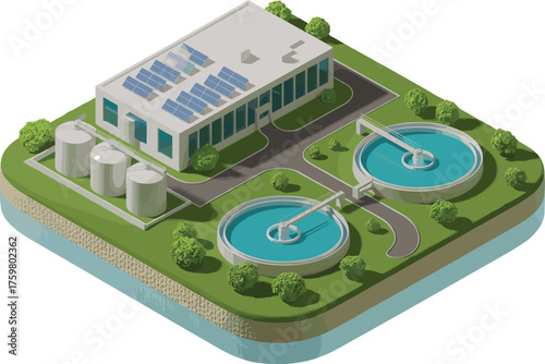 Modern sustainable water treatment plant with solar panels, eco-friendly purification tanks,