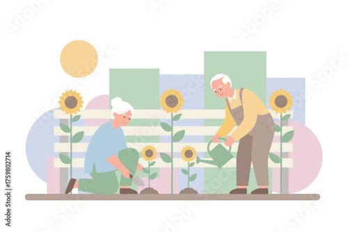 Joyful senior couple gardening planting and watering sunflowers in a bright outdoor setting Active retirement lifestyle