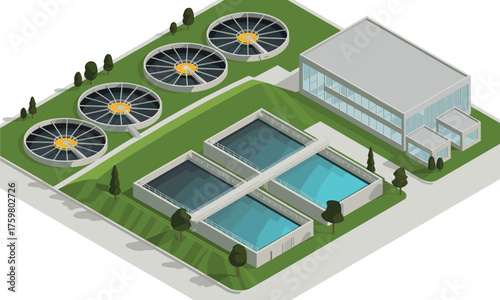 Modern wastewater treatment plant with circular clarifiers, sedimentation tanks, and administration building,