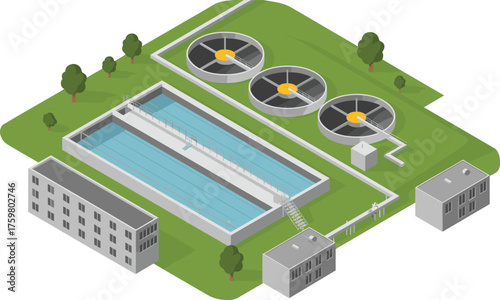 Modern wastewater treatment plant with circular clarifiers, sedimentation tanks, and administration building,