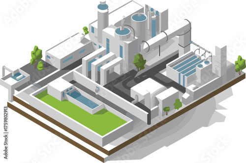 Modern wastewater treatment plant with engineers monitoring clean water filtration system, industrial purification process
