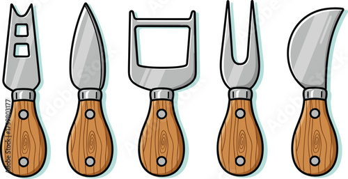 Artisanal Cheese Knives Collection: A Set of Traditional Stainless Steel Cutlery with Wooden Handles for Gourmet Food Preparation,  Cooking, Serving, and Entertaining, a Rustic Kitchenware Illustratio