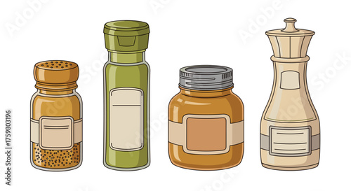 Illustrated Spice Collection: Culinary Herbs and Condiments in Glass Jars for Cooking Recipes and Flavor Enhancements, Pantry Organization, Kitchen Decor, Food Preparation, Nutritional Wellness, Artis