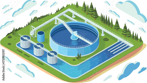 modern water treatment plant with filtration tanks, clean water purification system, sustainable industrial facility,