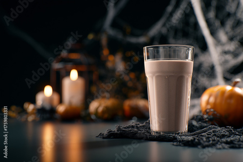 Protein cocktail on a dark Halloween-themed background. Sports background for Halloween
