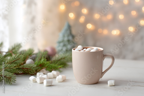 Wallpaper Mural A cup of cocoa with marshmallows on a light background with a Christmas tree and garlands. Light Christmas background. 
 Torontodigital.ca