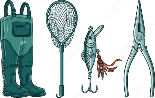 Angling Equipment Assortment: Fishing Waders, Net, Lure, and Pliers for Outdoor Sport, Recreation, and Hobby Use.  Professional Gear for Catching Fish. Fisherman's Tools for River, Lake, and Sea. Illu