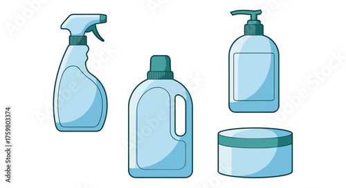 Sanitation Supplies Assortment: Cleaning Solutions and Hygiene Products in Pale Blue, Essential for Home, Healthcare, or Business. Illustrative Graphics for Promotion, Marketing, Healthcare Presentati