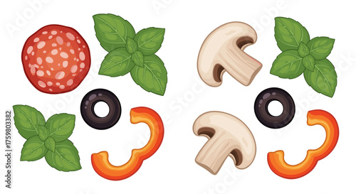 Appetizing Pizza Toppings Preparation: A Culinary Composition Featuring Fresh Basil, Sliced Mushrooms, Pepperoni, Black Olives, and Bell Peppers for Gourmet Pizza Creation, Food Illustration, Deliciou