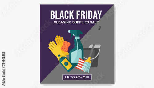 Black Friday cleaning supplies sale banner with discount offer on various cleaning products