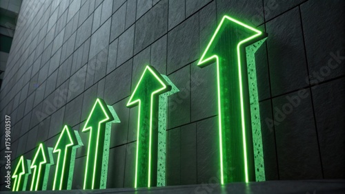 A series of glowing green arrows pointing upwards against a textured gray wall, symbolizing growth, progress, or upward trends.