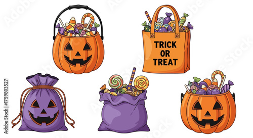 Halloween Trick or Treat Collection of Jack-o'-Lantern Buckets and Candy Bags Overflowing with Sweets, Seasonal Celebration, Festive Decor, Illustration for Marketing, Fun Holiday Graphic, Spooky Seas