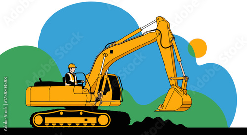 Construction worker operates yellow excavator on job site Industry development engineering concept