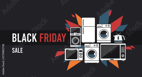 Black Friday Sale banner with household kitchen and laundry appliances graphic illustration