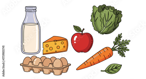 Fresh Farm Produce Still Life Composition Displaying Milk, Eggs, Cheese, Apple, Cabbage, Carrot for Healthy Eating Nutrition Advertising and Marketing in Food Industry, Grocery Store Presentation, Hea