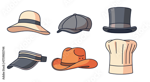 Assorted Hats Collection: Fashionable Headwear Styles for Various Occasions – Diverse Selection of Trendy Hats, Including Sun Hats, Caps, Top Hats, Visors, Cowboy Hats, and Chef Hats – Ideal for Costu