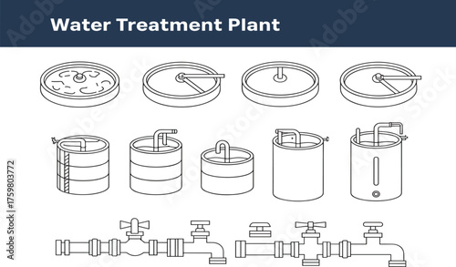 Water treatment plant process illustration showing filtration tanks, sedimentation basins, purification systems,