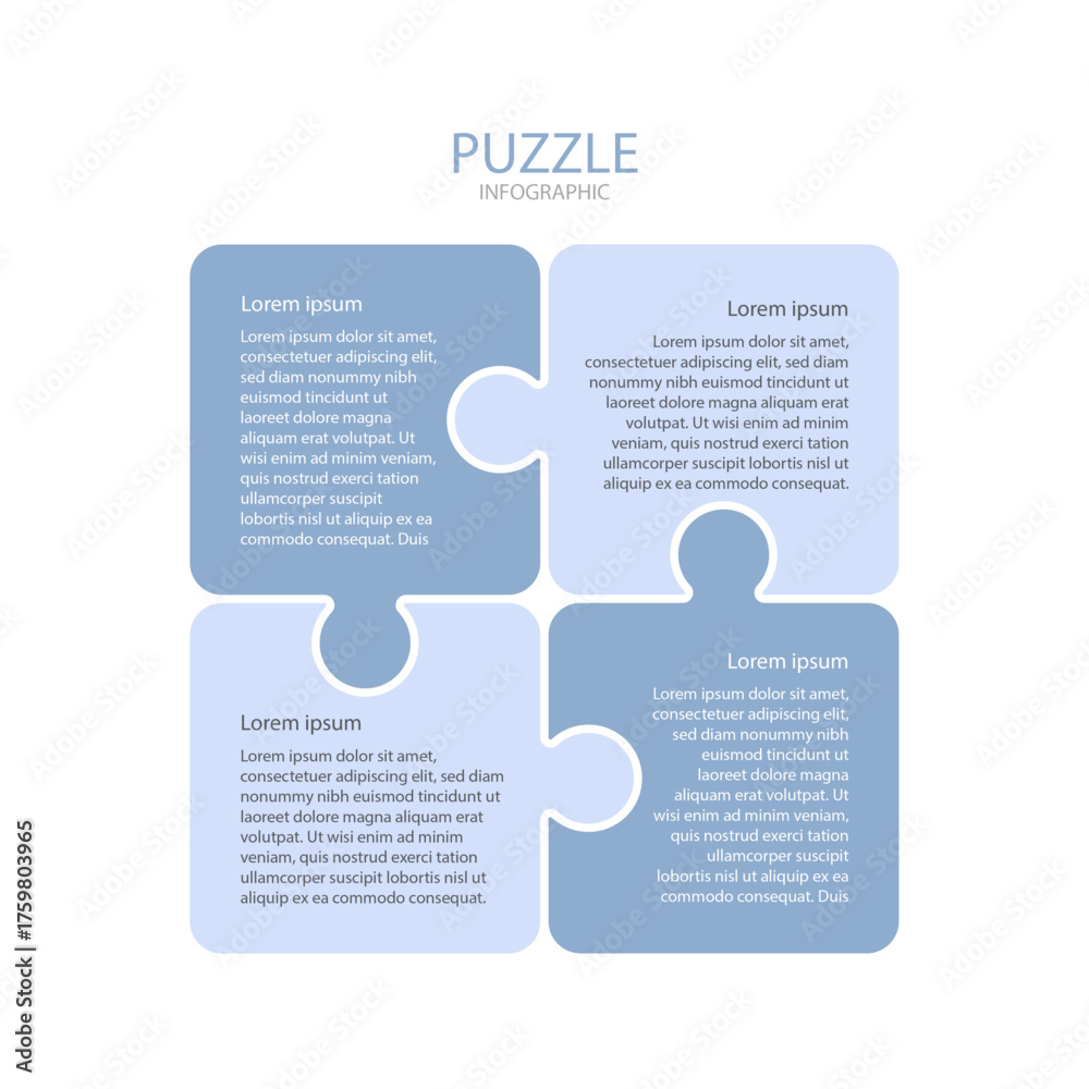 Fototapeta premium Modern blue puzzle infographic with four connected sections for data or business presentation.