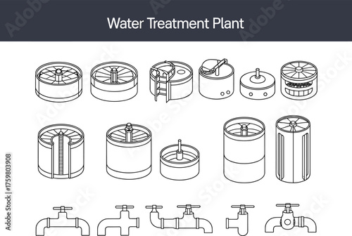 Water treatment plant process illustration showing filtration tanks, sedimentation basins, purification systems,