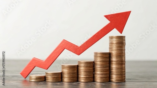 A rising graph made of coins symbolizes financial growth and success in investments and savings.