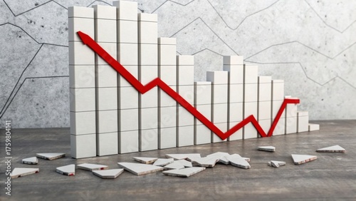 A downward trending graph depicted with blocks and a red line, symbolizing a decline, set against a textured gray background.