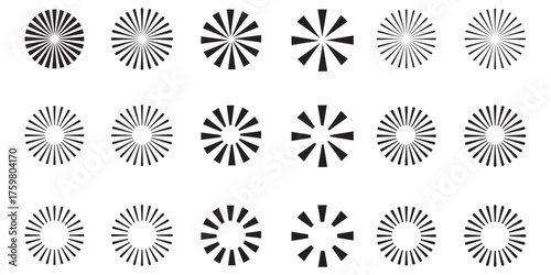 Retro Sunburst icon set, radial Sunburst element, Vintage sunburst Fireworks design isolated, Sunrise rays light burst line shine sunshine sunbeam vintage border symbol