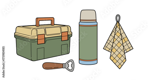 Retro Camping and Outdoors Equipment Still Life:  Tackle Box, Thermos, Bottle Opener, and Hand Towel for Fishing Trip Illustration -  Classic Picnic Gear for Adventure, Relaxing Lifestyle, Sporting Ev