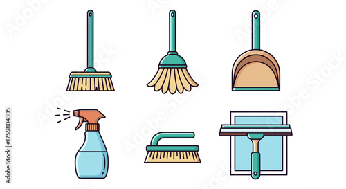 Cleaning Tools Vector Illustration: Streamlined Icons for Modern Housekeeping, Janitorial Services & Sanitation Projects - Featuring Brooms, Sprayers, Squeegees for Hygiene, Order, and Domestic Bliss