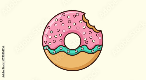 Delicious Pink Donut with a Bite Missing Floating on Cream Background: Sweet Treat Indulgence, Bakery Confection, Tasty Dessert Snack, Cartoon Illustration, Food Design,  Graphical Presentation, Fun G