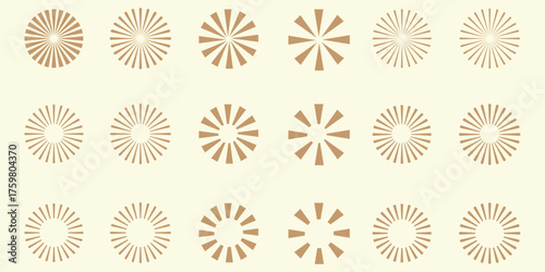 Retro Sunburst icon set, radial Sunburst element, Vintage sunburst Fireworks design isolated, Sunrise rays light burst line shine sunshine sunbeam vintage border symbol