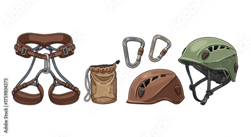 Climbing Gear Essentials Isolated: Harness, Chalk Bag, Carabiners, and Helmets Arranged for Adventure Sports and Outdoor Recreation Safety, Preparation, Education, Detailed Cartoon Style Illustration