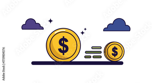 Digital Money Transfer and Finance Innovation Concept: Gold Coins Speeding on a Dark Line Representing Fast Transactions, Modern Banking, Financial Technology, Vector Illustration for Business Present