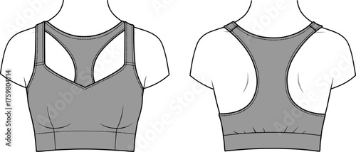 Sports bra sketch, technical drawing, racerback design, V-neckline, contour seams, front view, back view, activewear fashion, garment blueprint, apparel illustration