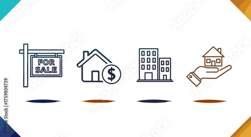 Real Estate Market Icons Representing Home Ownership and Investment Opportunities in Residential and Commercial Property with Signage, Buildings and Housing Assets for Finance, and Business Services I