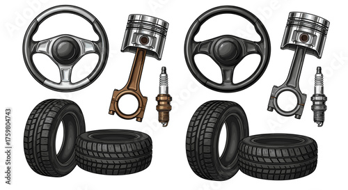 Automotive Components Arrangement: Steering Wheels, Pistons, Spark Plugs, and Tires for Vehicle Repair, Customization, and Performance Upgrade in Mechanical Engineering Illustration on White Backgroun