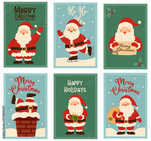 Flat style illustration set of six Christmas greeting cards featuring Santa Claus in various holiday scenes: waving, ice skating, holding a sign, stuck in a chimney, holding a gift, and carrying a