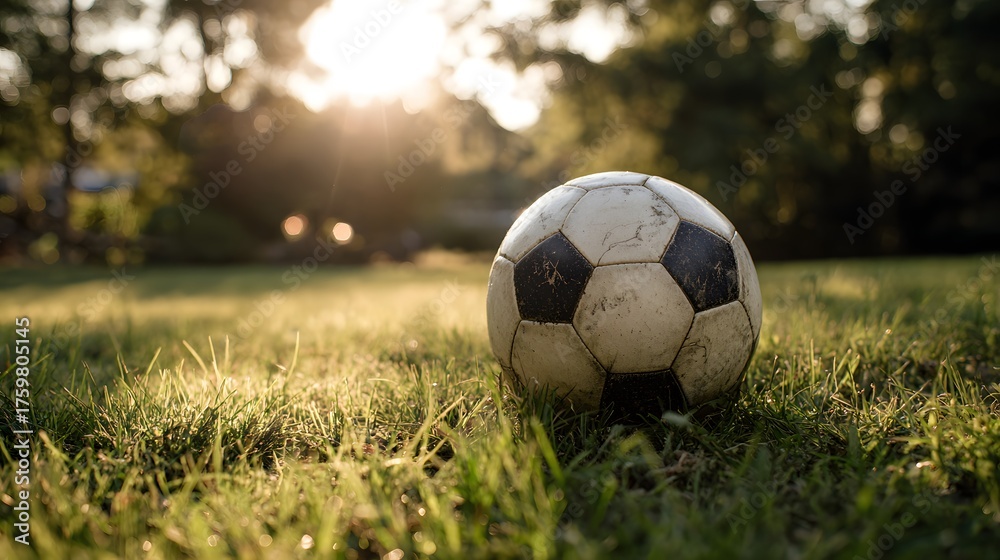 Fototapeta premium A weathered soccer ball rests on lush green grass in soft sunlight.