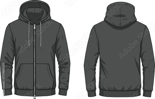 Zip-up hoodie, dark color, front and back view, fashion apparel, casual wear, kangaroo pocket, drawstring hood, elbow patch detail