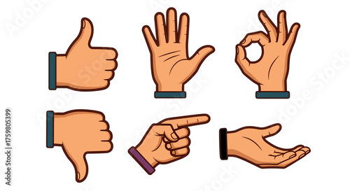 Diverse Hand Gestures Set: Communicating Agreement, Openness & Direction in Graphic Cartoon Style, Ideal for Business Presentations, Website Design & Digital Marketing, Conveying Positivity, Help & Ch