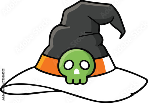 Halloween witch hat vector illustration, spooky green skull emblem design, black and white brim costume accessory, magical wizard hat, cad drawing flat vector illustration