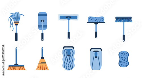 Cleaning Tools Assortment Flat Vector Icons for Housekeeping Services and Home Cleaning, Featuring Mops, Brooms, Squeegees, and Sponges in a Minimalist Design for Cleaning Equipment, Presentation, Web