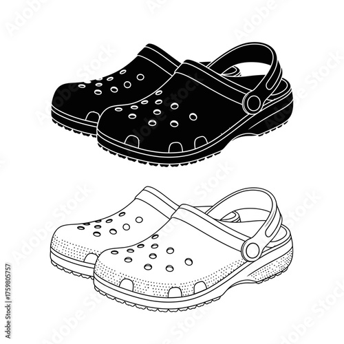 Clog Shoes Silhouette and Outline – Comfortable Rubber Slip-On Footwear Vector Illustration