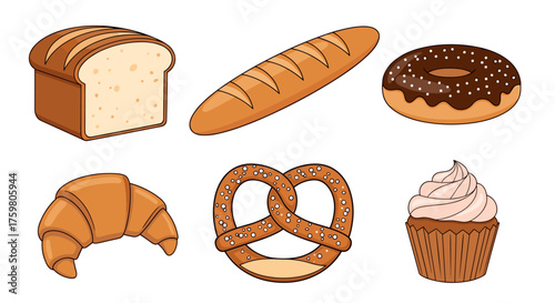 Assorted Bakery Goods Displayed, Fresh Pastries, Bread, Doughnut, Pretzel, and Croissant for Breakfast, Cafe Menu, Sweet Treats, Confectionery Delights, Culinary Arts, Food Presentation, Baked, Gourme