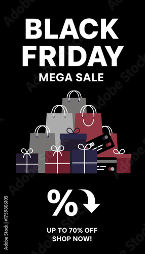 Black Friday Mega Sale with shopping bags gift boxes and credit cards promoting big discounts