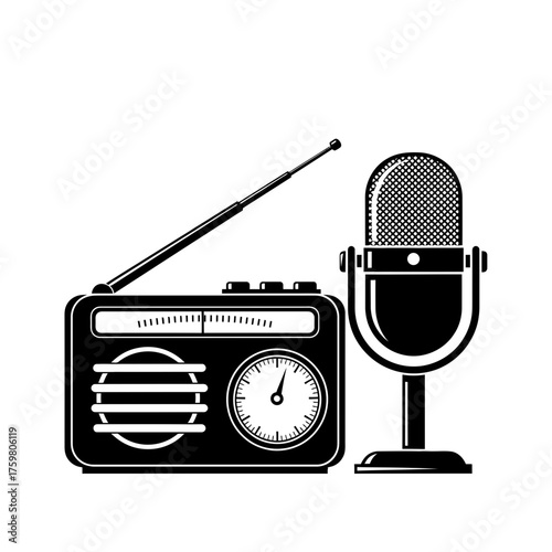 Retro Microphone and Vintage Radio Icon – Podcast, Broadcast, Audio Recording, Music Studio Vector Design