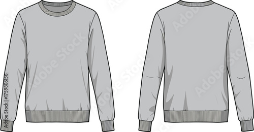 Gray sweatshirt sketch, front view, back view, ribbed cuffs, crew neckline, fashion illustration, apparel design, technical drawing, casual wear, garment construction