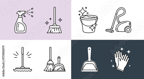 Cleaning Supplies and Equipment Icons for Home Hygiene & Sanitization - Minimalist Black Line Art Illustration Set for Spring Cleaning, Janitorial Services, Household Chores, Vector Graphic Design, Di