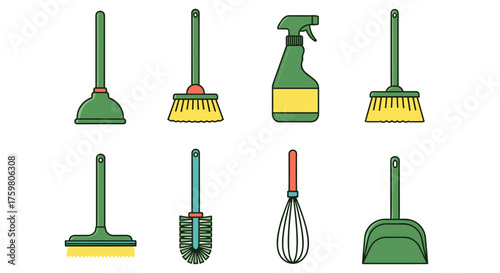 Cleaning Supplies Collection: Maintaining a Sparkling Home Environment with Essential Tools, Perfect for Housekeeping, Sanitation, and Hygiene, Ideal for Presentations, Marketing, or Advertising, Feat