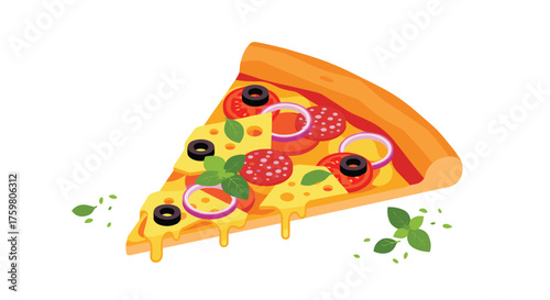 A delicious slice of pizza with pepperoni olives and basil.